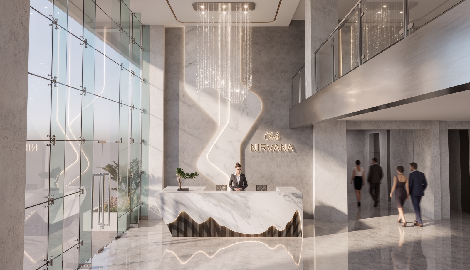 Club Nirvana — the marble reception lobby with chandelier