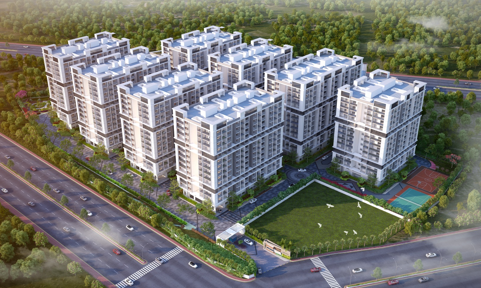 Makuta Nirvana — aerial view of the eight towers around the central green
